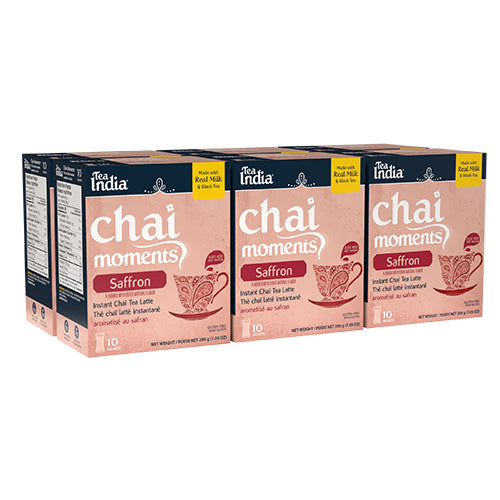 Six boxes of Tea India Chai moments Saffron instant chai tea latte on a white background