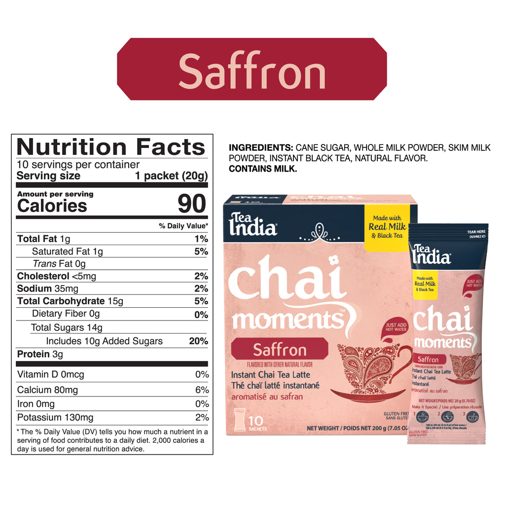 Chai Moments Saffron instant chai tea latte packaging with nutrition facts label and ingredient list