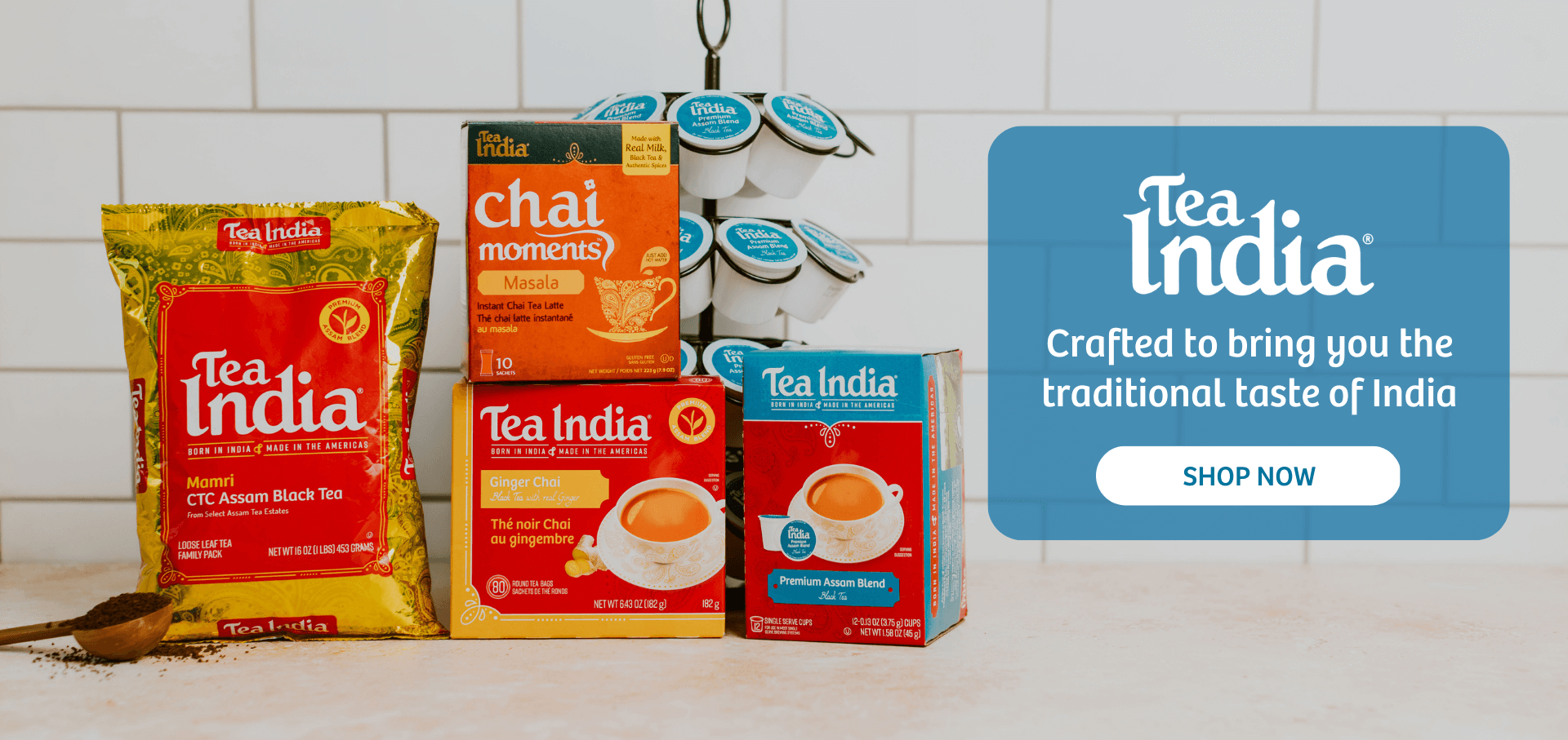 cartons and bag of tea india tea with text that reads tea india crafted to bring you the traditional taste of india shop now