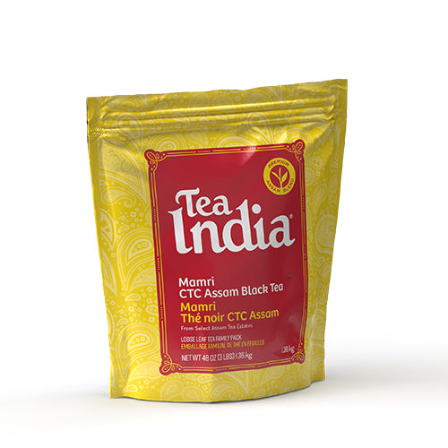 Tea India Mamri CTC Assam Black Tea in a 3lb equivalent to 1.36kg yellow resealable pouch with red label and gold design