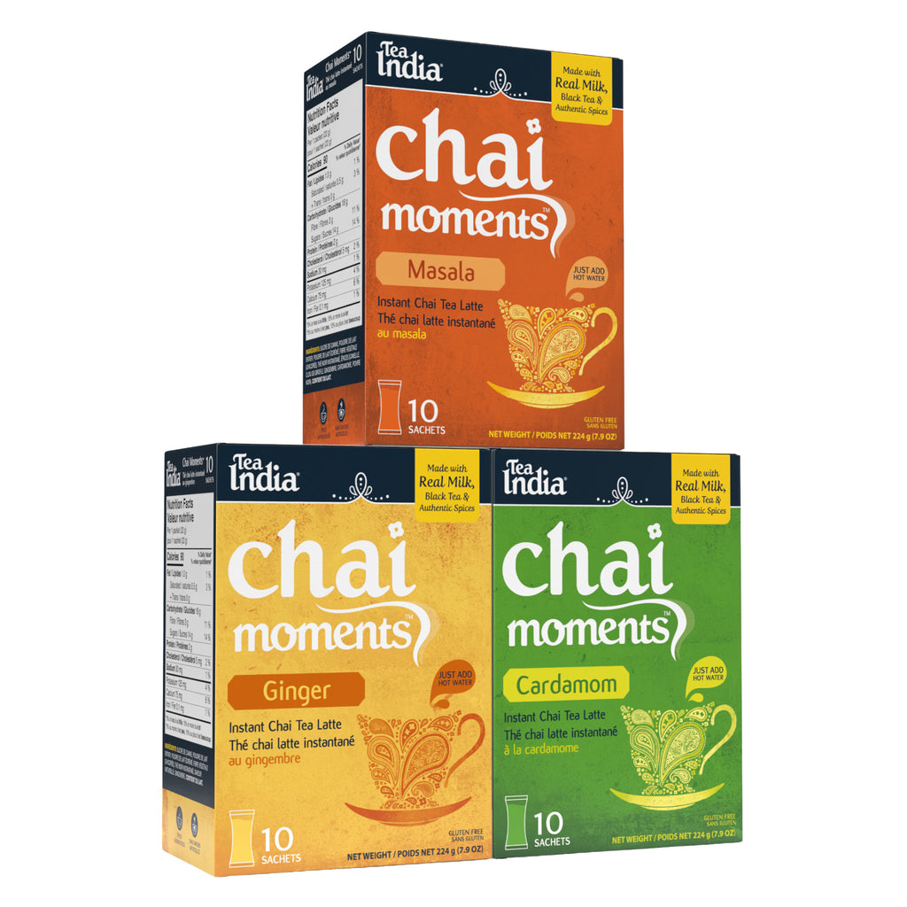 Three boxes of Tea of India Chai Moments on a white background