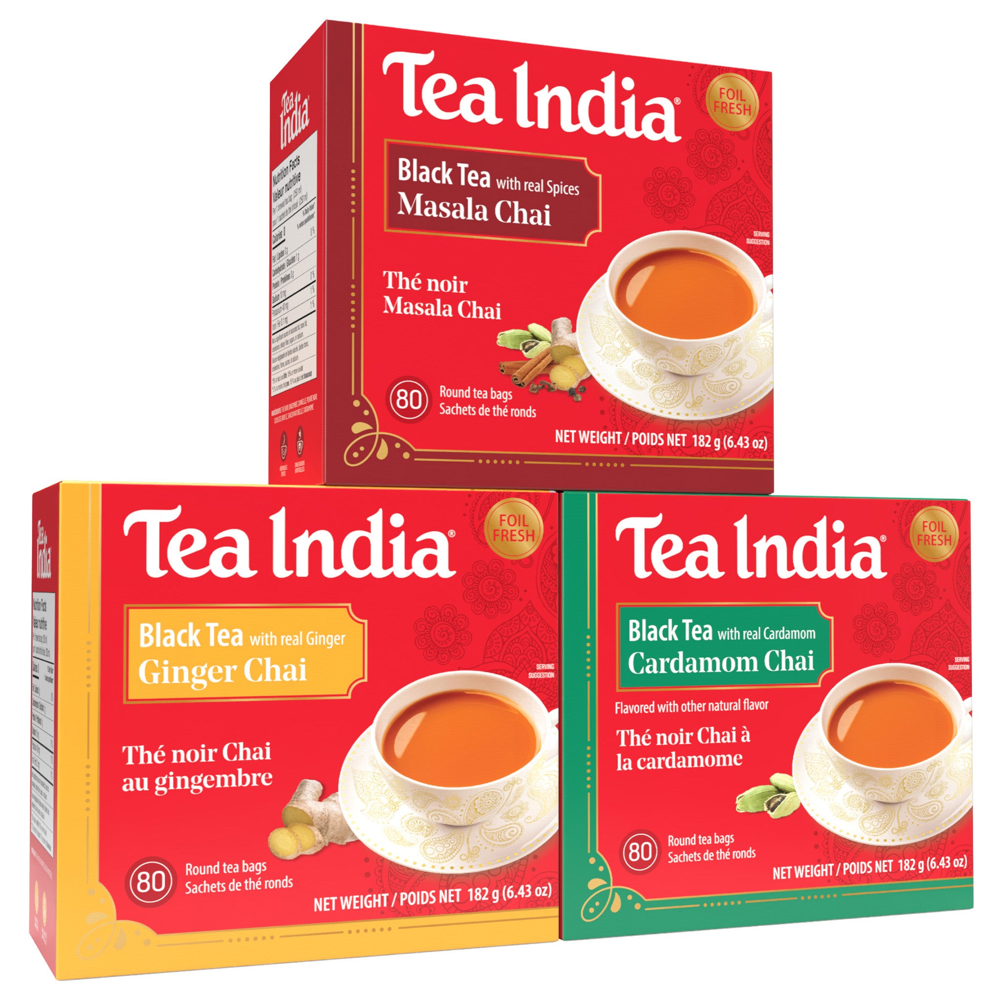 Three boxes of Tea India Chai tea in Masala, Ginger, and Cardamom flavors on a white background