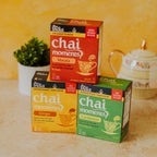 Three boxes of No Sugar Added, Unsweetened Tea India Chai Moments in masala, ginger, and cardamom flavors