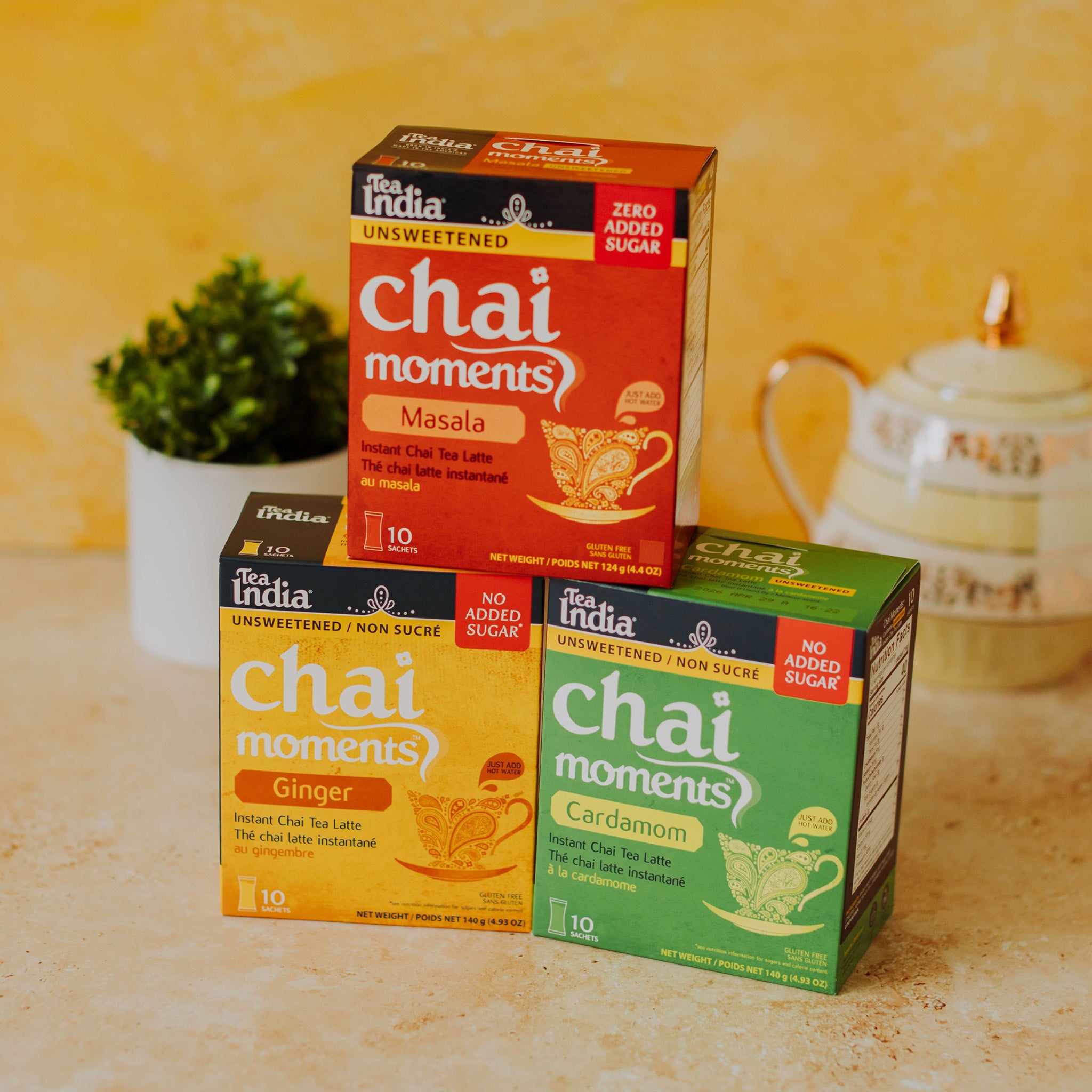 Three boxes of No Sugar Added, Unsweetened Tea India Chai Moments in masala, ginger, and cardamom flavors