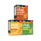 Three boxes of No Sugar Added, Unsweetened Tea India Chai Moments in masala, ginger, and cardamom flavors on a white background