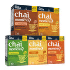 Tea India Chai Moments instant chai tea latte packages in various flavors on a white background.