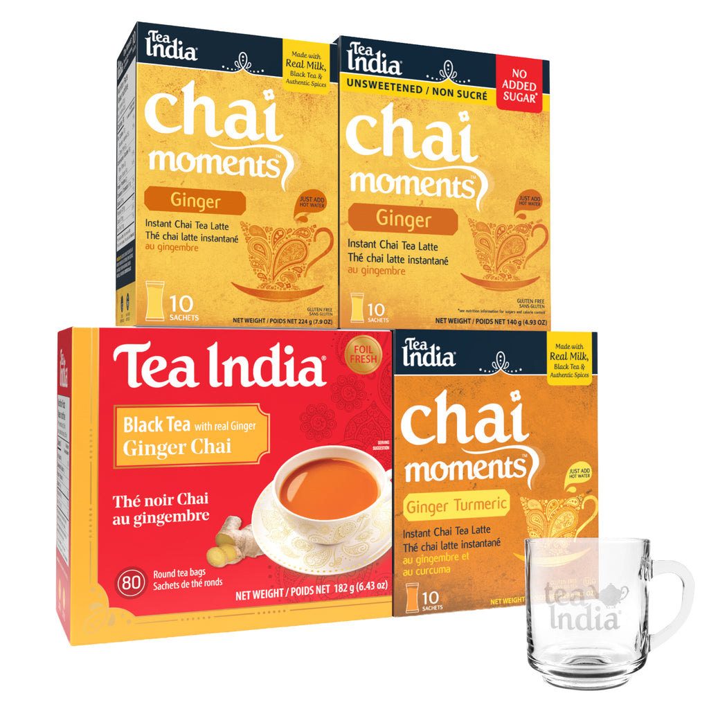 Tea India chai moments and black tea ginger chai packaging with a clear mug on a white background