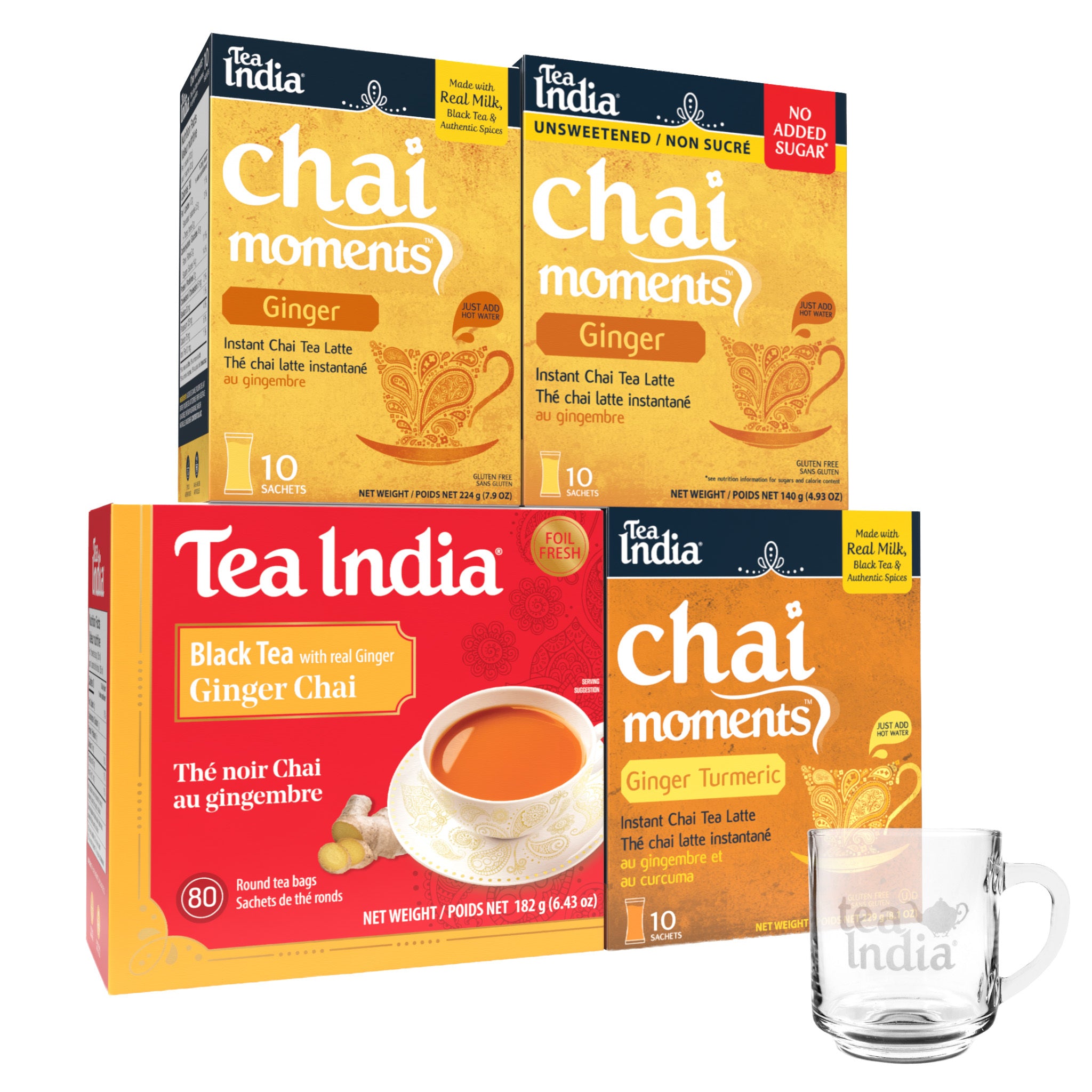 Tea India chai moments and black tea ginger chai packaging with a clear mug on a white background