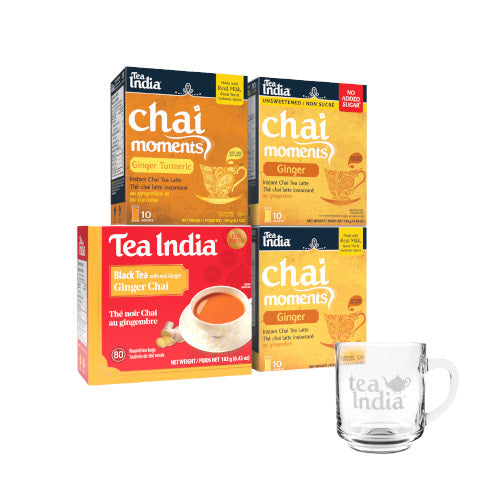 Tea India chai moments packaging with a glass mug on a white background