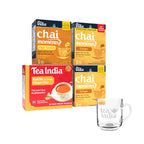 Tea India chai moments packaging with a glass mug on a white background