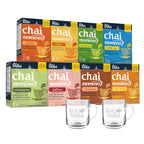 8 Assorted boxes of Chai Moments instant chai latte tea from Tea India with two clear mugs in front.
