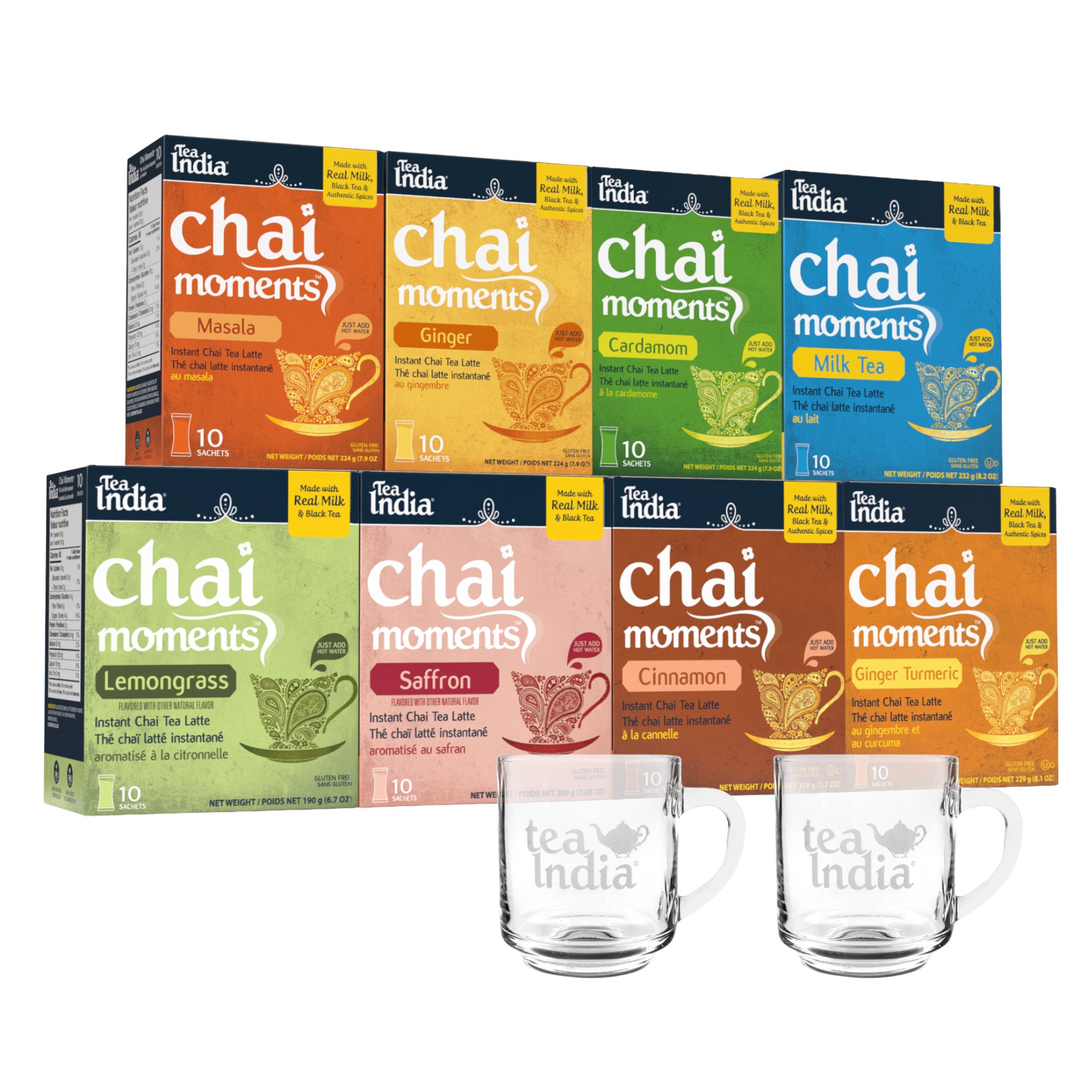 8 Assorted boxes of Chai Moments instant chai latte tea from Tea India with two clear mugs in front.
