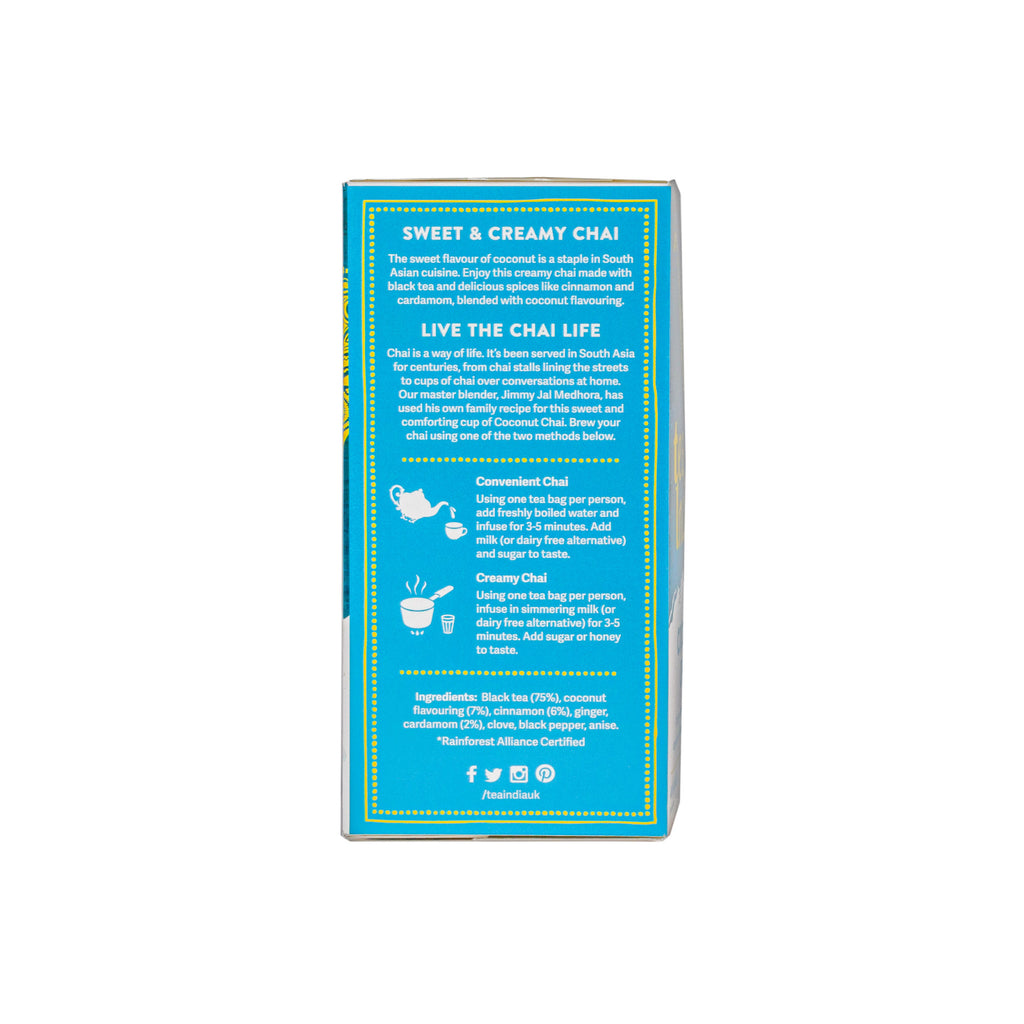 Tea India Coconut Chai tea bags box panel with Convenient Chai and Creamy Chai brewing instructions and ingredient list