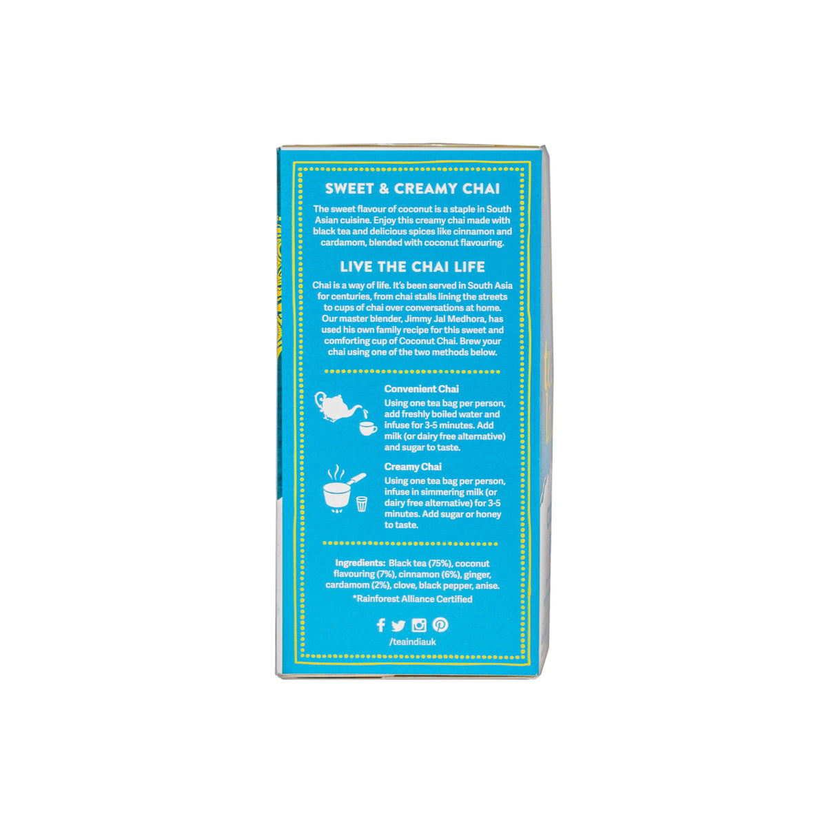 Tea India Coconut Chai tea bags box panel with Convenient Chai and Creamy Chai brewing instructions and ingredient list