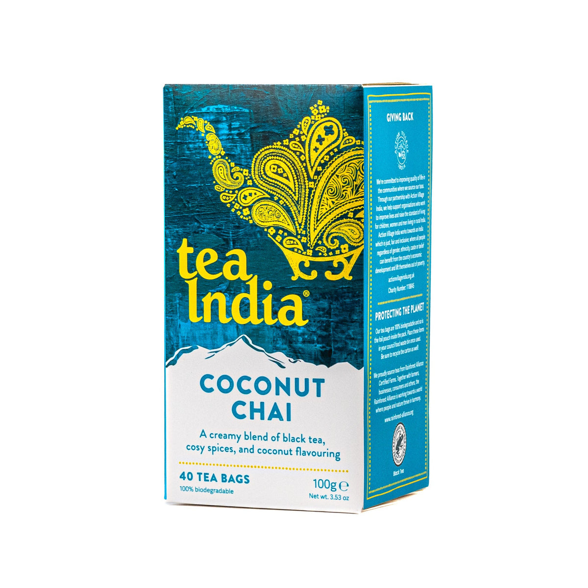 Front of Tea India Coconut Chai tea bags box, 40 tea bags, creamy blend of black tea, spices, and coconut flavoring