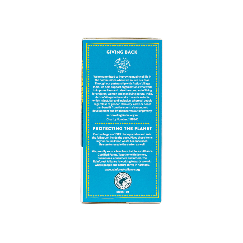 Tea India Coconut Chai box side panel showing Giving Back partnership with Action Village India and Rainforest Alliance certification