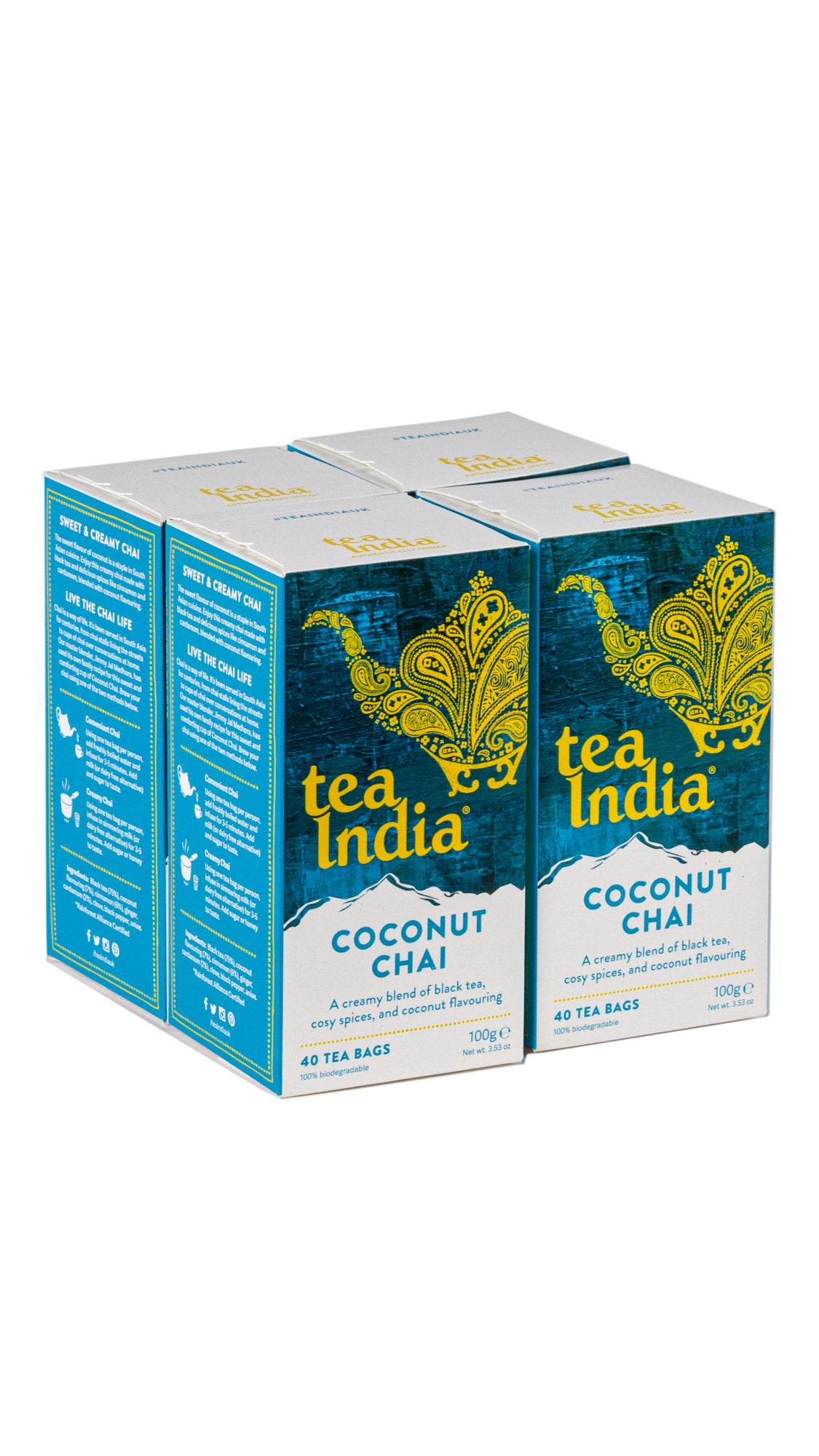 Four boxes of Tea India Coconut Chai tea bags stacked together, 40 tea bags per box