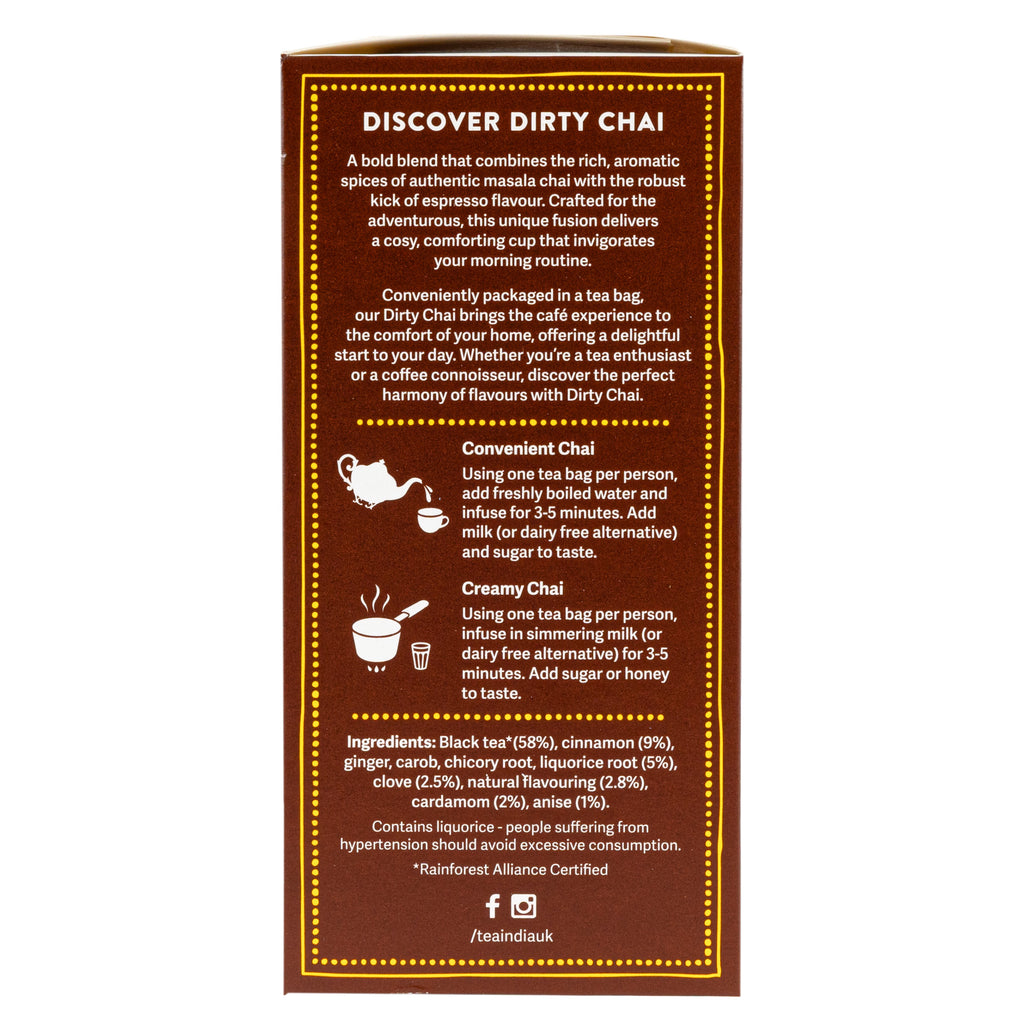 A brown tea bag packaging insert card titled 'DISCOVER DIRTY CHAI' with descriptive text, serving instructions, ingredients, and social media icons on a white background.