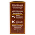 A brown tea bag packaging insert card titled 'DISCOVER DIRTY CHAI' with descriptive text, serving instructions, ingredients, and social media icons on a white background.