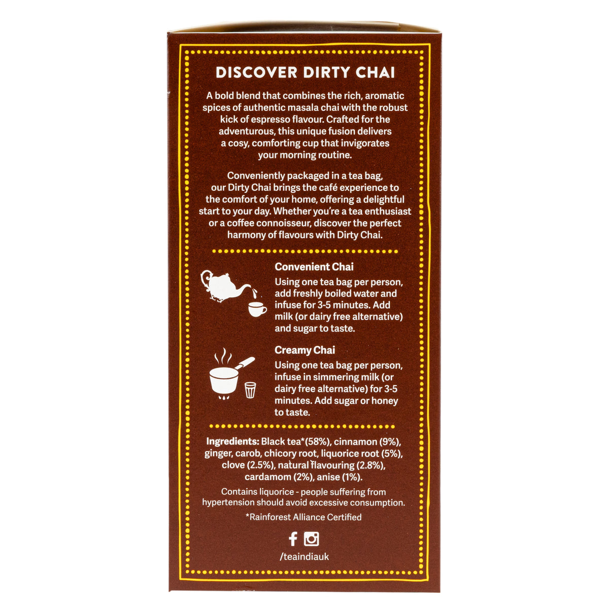 A brown tea bag packaging insert card titled 'DISCOVER DIRTY CHAI' with descriptive text, serving instructions, ingredients, and social media icons on a white background.