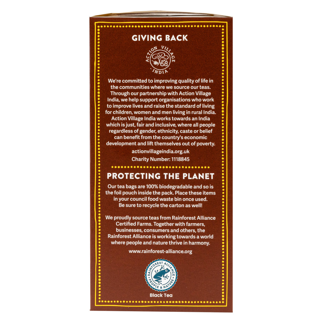 Tea India Dirty Chai box side panel showing Giving Back partnership with Action Village India and Rainforest Alliance certification.