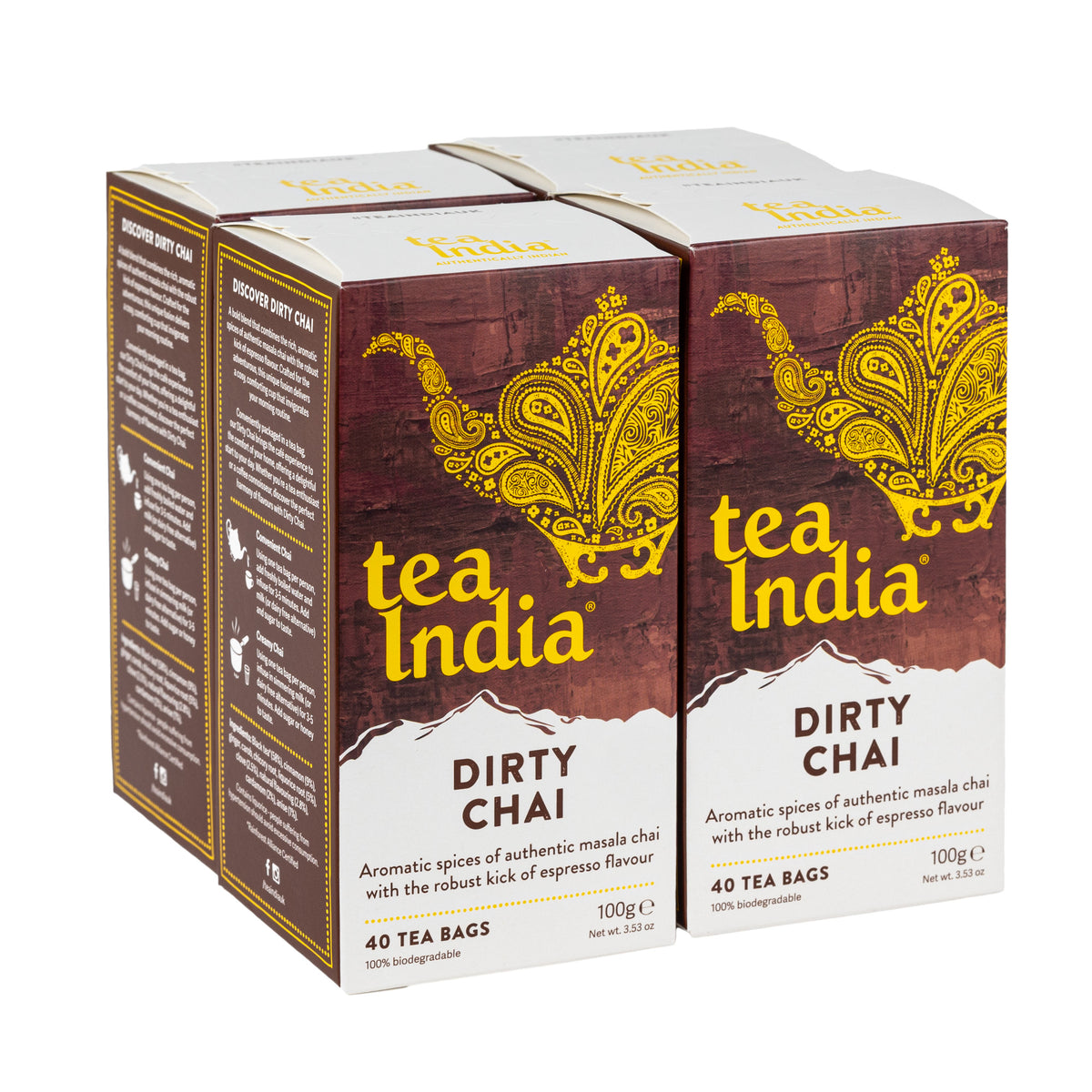 Four boxes of Tea India Dirty Chai tea bags stacked together, 40 tea bags per box