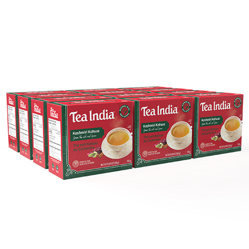 Twelve boxes of Tea India Kashmiri Kahwa green tea with spices, each showing a cup of tea and round tea bags on the front