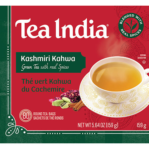 Front label of Tea India Kashmiri Kahwa green tea box showing a teacup, 80 round tea bags, and spiced ingredients