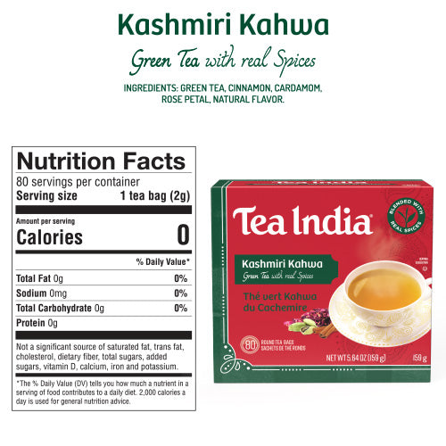 Tea India Kashmiri Kahwa box with nutrition facts, ingredients list, and a description of the spiced green tea on display