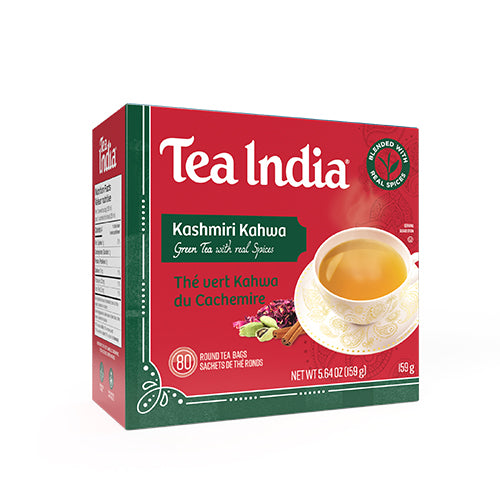 Tea India Kashmiri Kahwa green tea box with 80 round tea bags, showing a cup of spiced tea and ingredients on the front