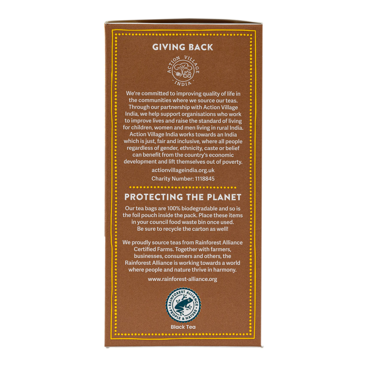 The back of a tea box package shown on a plain white background. The box is brown with gold border lines and text, featuring donation and environmental messaging, and a circular logo at the bottom that reads Rainforest Alliance Certified Fairtrade Organic.