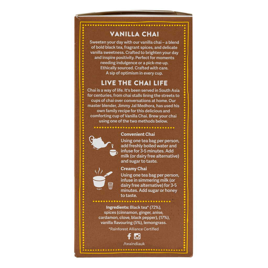 The back of a brown cardboard tea box for Vanilla Chai, featuring product description, brewing instructions, ingredients, and social media icons on a white background.