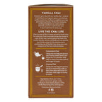 The back of a brown cardboard tea box for Vanilla Chai, featuring product description, brewing instructions, ingredients, and social media icons on a white background.