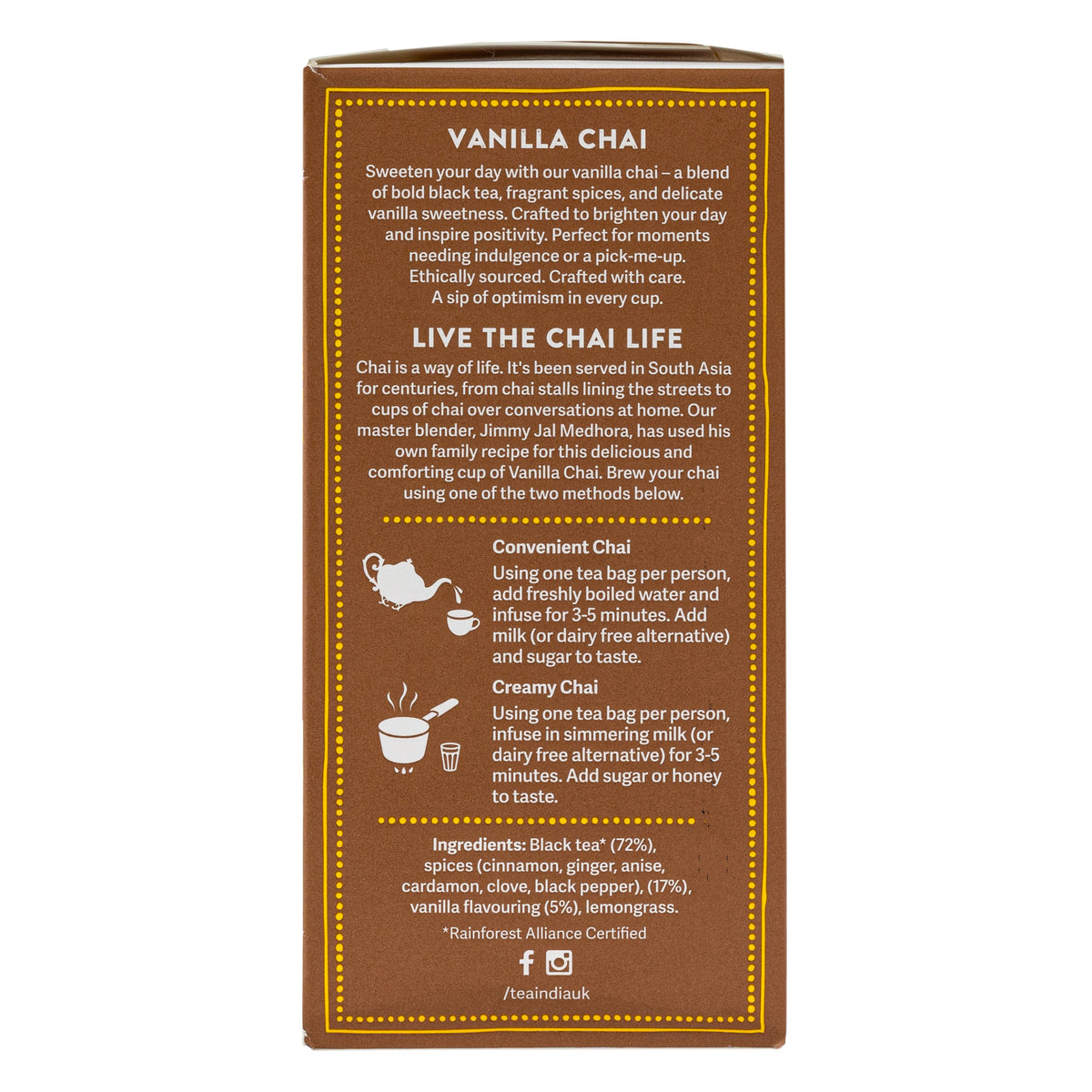The back of a brown cardboard tea box for Vanilla Chai, featuring product description, brewing instructions, ingredients, and social media icons on a white background.