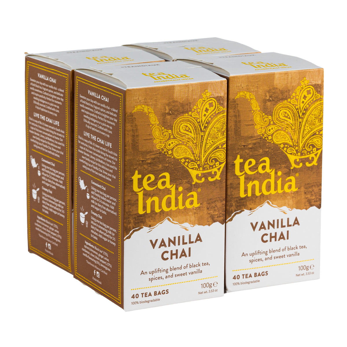 Four boxes of tea India Vanilla Chai tea bags arranged in a 3D product mockup on a white background.