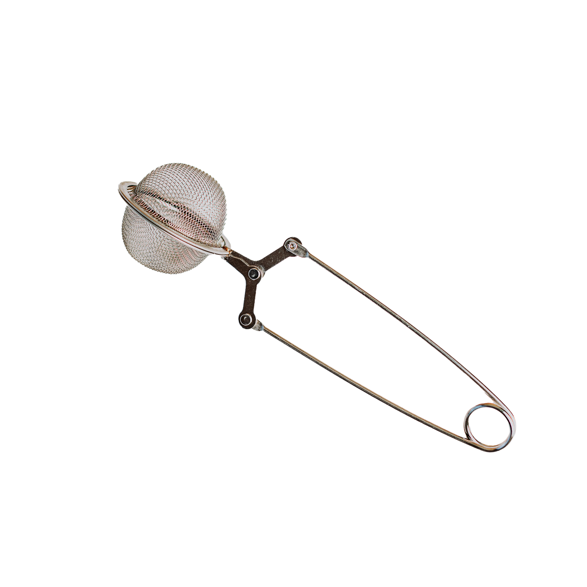 Stainless steel mesh tea ball infuser with a long handle and clasp, used for brewing loose leaf tea