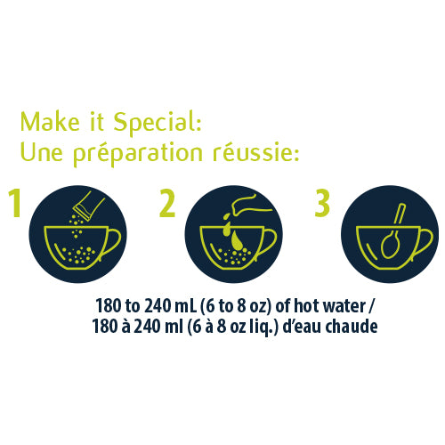 Three-step brewing instructions for Tea India Chai Moments Cardamom: pour contents, add 6 to 8 oz hot water, and stir
