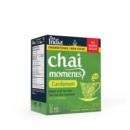 Box of Tea India Chai Moments unsweetened Cardamom instant chai tea latte with a nutrition facts panel and a "No Added Sugar" label