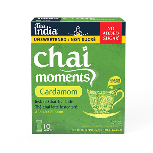 Front of the Tea India Chai Moments unsweetened cardamom instant chai tea latte box with a &quot;No Added Sugar&quot; label