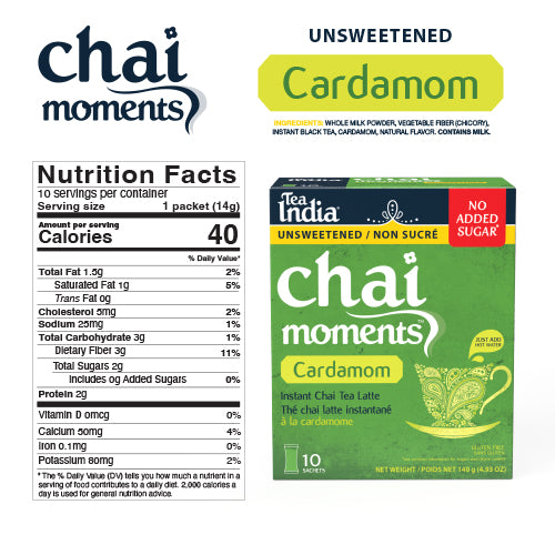 Unsweetened Tea India Chai Moments Cardamom instant latte with nutrition facts showing 40 calories per sachet and "No Added Sugar."