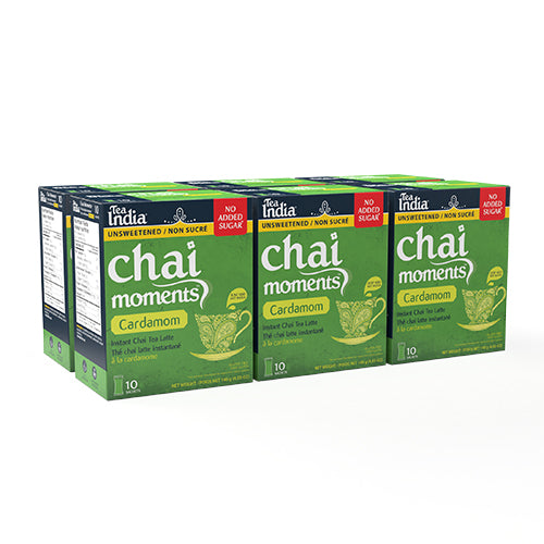 Six boxes of Tea India Chai Moments unsweetened Cardamom instant chai tea latte, showing the product in a multi-pack