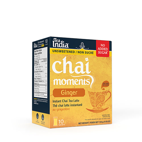 Box of Tea India Chai Moments unsweetened ginger instant chai tea latte with "No Added Sugar" and a nutrition facts panel
