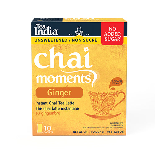 Front of the Tea India Chai Moments unsweetened ginger instant chai tea latte box with a &quot;No Added Sugar&quot; label