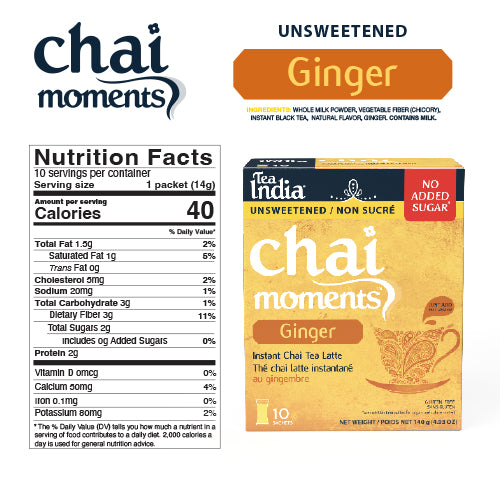 Unsweetened Tea India Chai Moments Ginger instant latte with nutrition facts showing 40 calories per sachet and "No Added Sugar."
