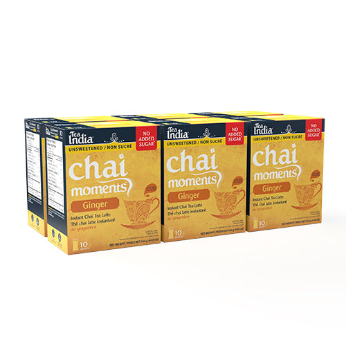 Six boxes of Tea India Chai Moments unsweetened Ginger instant chai tea latte, showing the product in a multi-pack