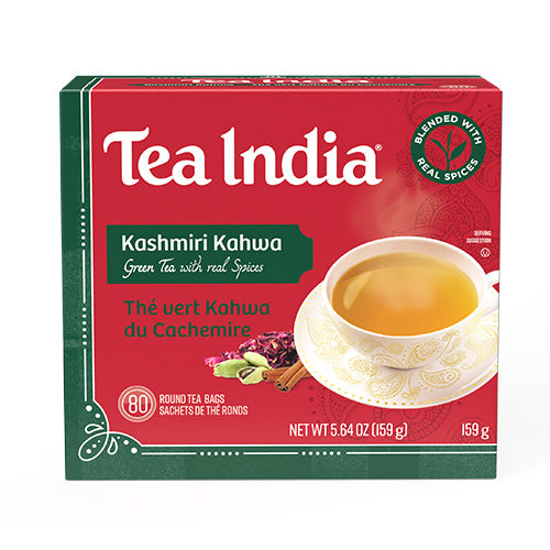 Tea India Kashmiri Kahwa green tea box with 80 round tea bags, featuring a cup of spiced green tea and visible ingredients