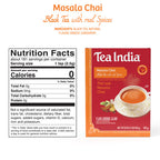 Tea India Masala Chai 1lb Loose Leaf pack with nutrition facts label and ingredients list showing zero calories per serving