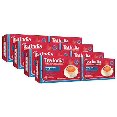 Eight boxes of Tea India Orange Pekoe Black Tea are arranged diagonally, with the front of the boxes clearly visible.