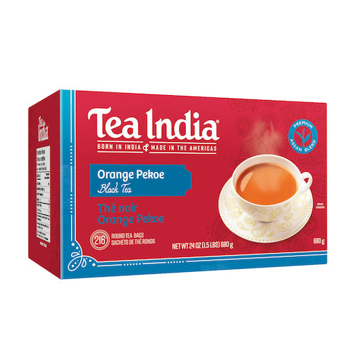 A red box of Tea India Orange Pekoe Black Tea 216 count, with a picture of a steaming cup of tea and text that says "Born in India, Made in the Americas."