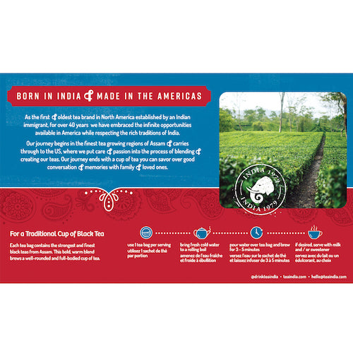 The back of a Tea India box with text about the company&#39;s history, brewing instructions, and a photo of a tea plantation
